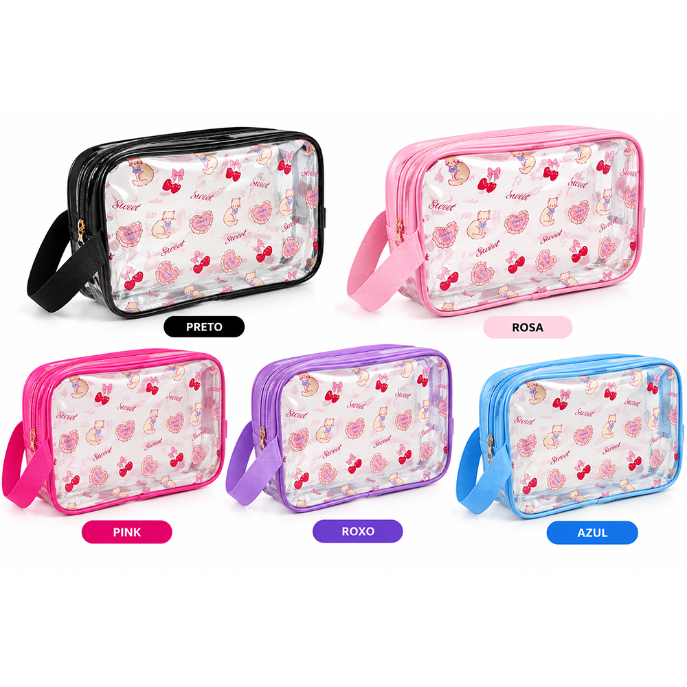 Necessaire Transprante com Detalhes Colorido e Alça - DF345-NC52