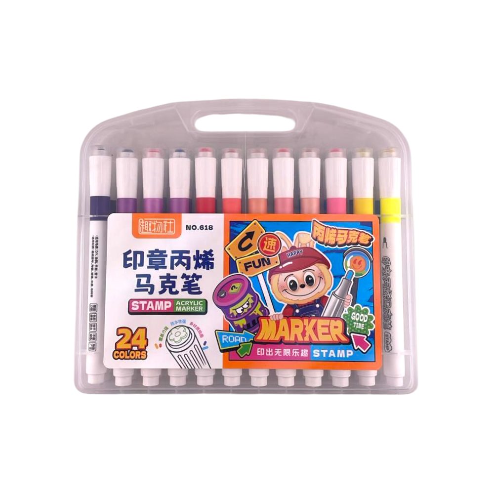 Canetinha + carimbo marcador acrílico (24 cores) - NO-618-24